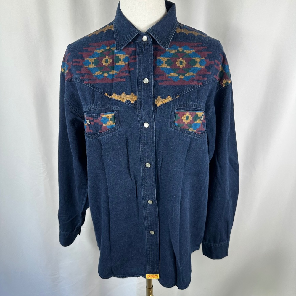 Vtg Jordache Pearl Snap Shirt Womens M Navy Aztec Southwestern Western Button Up